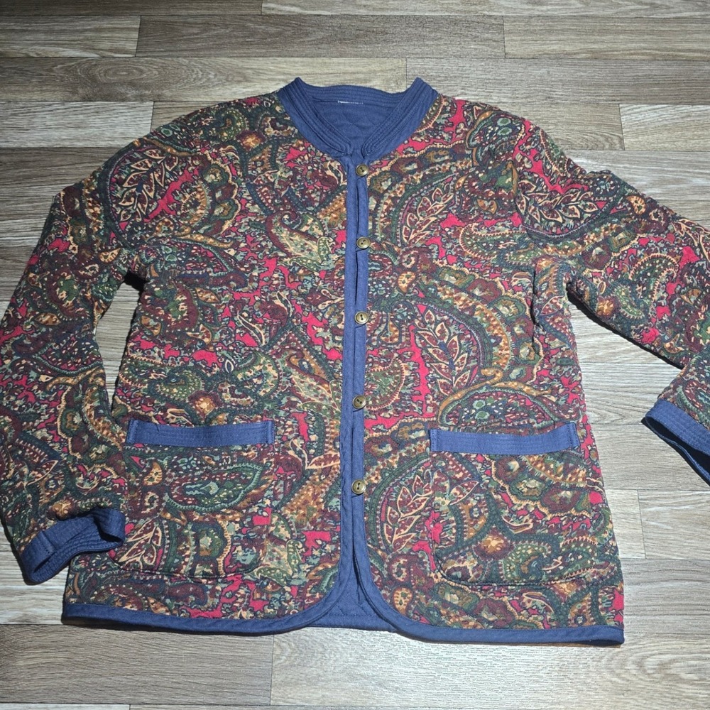 Appleseed's Quilted Jacket Paisley Print Blue‎ Trim Collared Small S